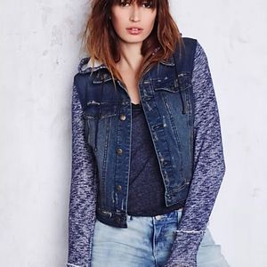 Free People Jacket - Hooded Distressed Denim & Knit